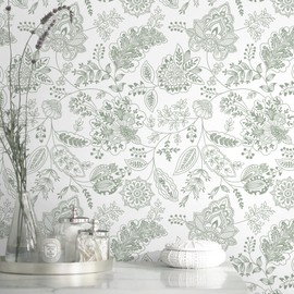 CiCiwind 17.3" × 197" Floral Peel and Stick Wallpaper for Bathroom Bedroom Boho Wall Paper White Green Contact Paper Removable Self-Adhesive Waterproof Textured Cabinets Wallpapers Walls Covering