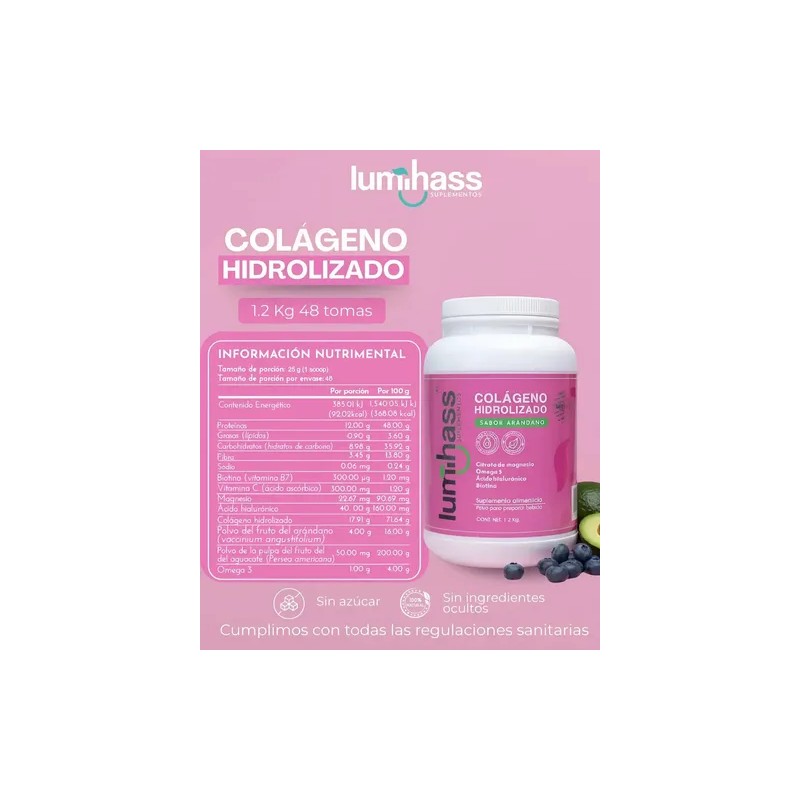 Colágeno Hidrolizado Lumihass Sabor Arándano Porciones Adicionado Omega Aguacate Magnesio
