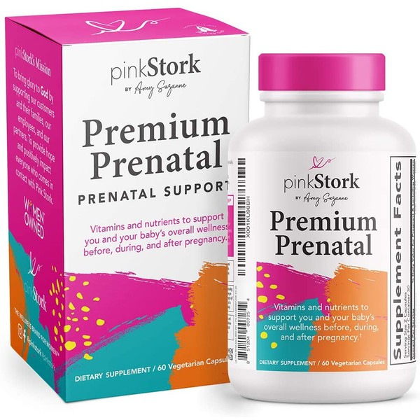 Pink Stork Premium Prenatal: Natural Prenatal Vitamins + Organic Whole Food Ingredients + Folate + Vitamin A + Vitamin C + Zinc + Biotin, Women-Owned, 60 Capsules