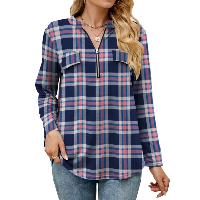 Odosalii Womens Zip Up Plaid Tunic Blouse Rolled Up Sleeve