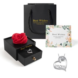 mountova Preserved Rose with Acrylic Jewelry Box, Eternal Red Rose & Mom Heart Necklace, Ideal for Mother's Day, Anniversary, and Birthday Surprises