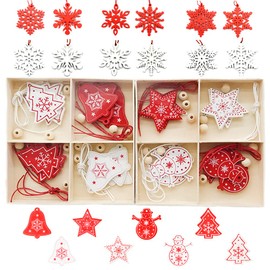 Zasiene Christmas Tree Decorations Wooden Pack of 36 Christmas Crafts Wooden Pendants Christmas Tree Decoration Red White Christmas Decoration Decoration with Wooden Storage Box