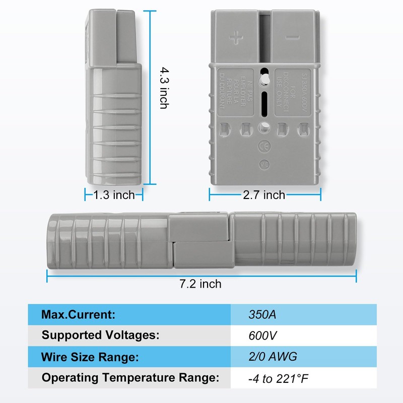 350 Amp 600 Volt 2/0 AWG Battery Power Connector (2/0AWG