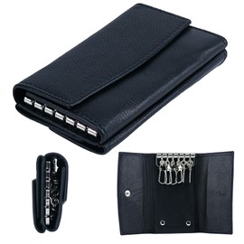 Li Handcrafted Top Grain Cowhide Leather Key Holder - Compact & Versatile Key Organizer With 6 Key Hooks for Your Keys & Spacious Storage For Credit Cards & Money - Secure & Reliable Key Case (Black)