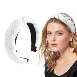 Braided Velvet Headband Women Wide Vintage Padded Headband Braided Headband for Women Girls Jogging Headbands (White, One Size)