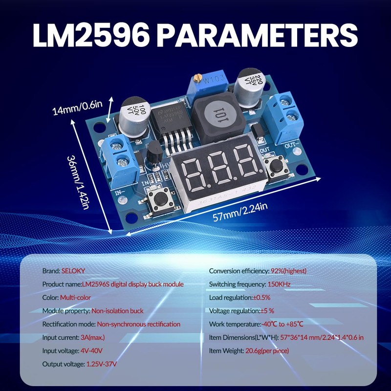 Seloky LM2596 Adjustable DC-DC Step-Down Buck Converter Module with LED