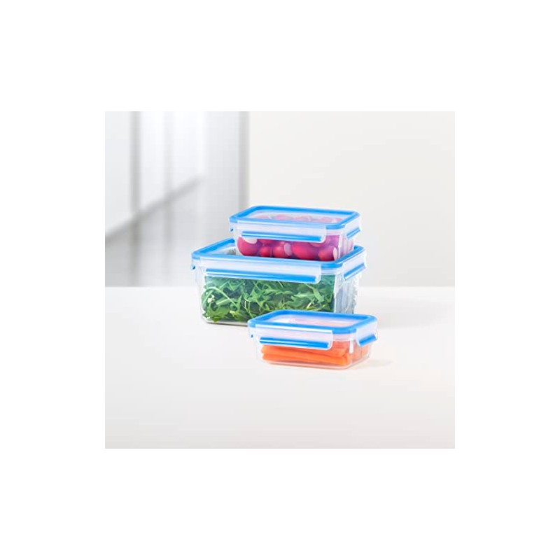 Tefal Master Seal Fresh Food Storage, Clear/Blue, 0.55/1/2.3 Litre, 3-Piece