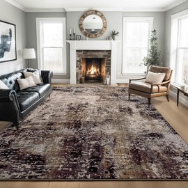 Ompaa Living Room Rug 8x10 Brown Area Rugs Machine Washable Abstract Coffee Boho Large Carpet Non-Slip Non-Shedding Faux Wool Indoor Vintage Rug for Bedroom, Classroom, Dining Room, Kids Playroom