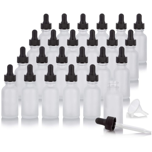 1 oz Frosted Clear Glass Boston Round Dropper Bottle (24 pack) + Funnel