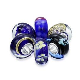 Mixed Set Of Bundle .925 Sterling Silver Core Translucent Shades Of Dark Blue Navy Gold Foil Murano Glass Swirl Charm Bead Spacer Fits European Bracelet For Women Teen