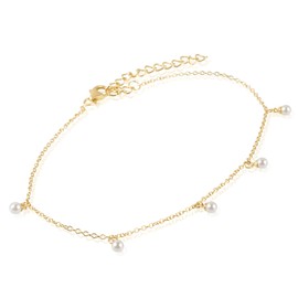 Yellow Gold Plated Sterling Silver Faux Pearl Dangle Station Anklet