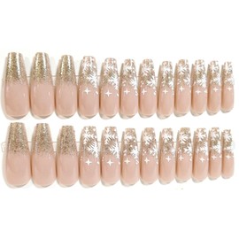 Winter Glam Sparkle French Manicure Glossy Long Coffin Press On Nails - 24 Pieces - Artificial Nail Kit