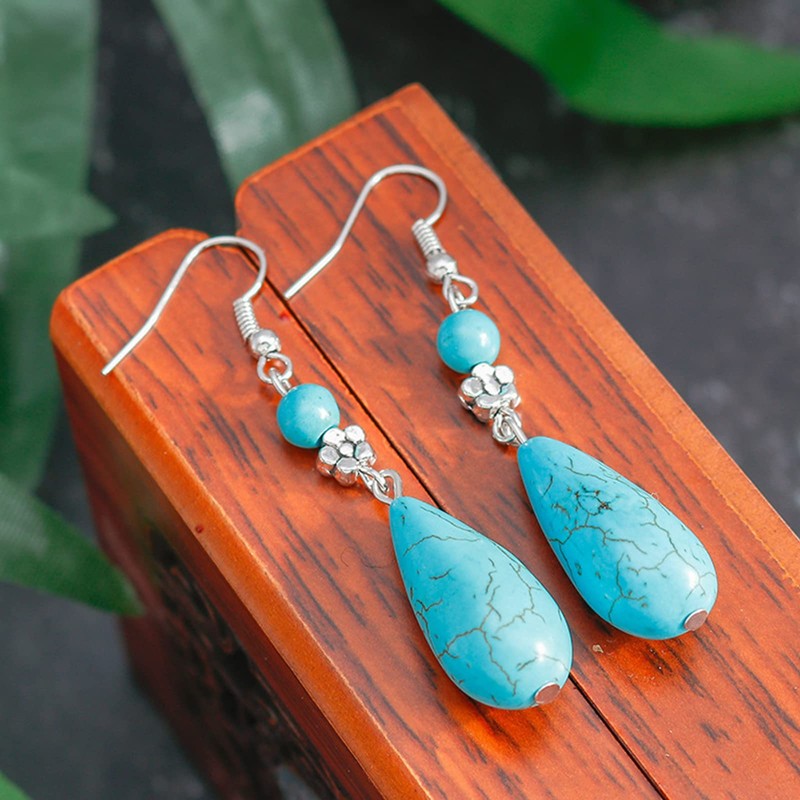 Long Waterdrop Dangle Earrings for Women Natural Gemstone Turquoise Dangle