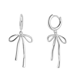 Silver Bow Earrings for Women Ribbon Dangle Hoop Earring Bow Tie Drop Cute Huggie Dangling Bowknot Hoop Lightweight Hypoallergenic Statement Trendy Jewelry Mothers Day Gifts