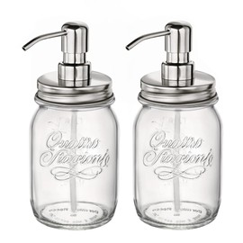 Bormioli Rocco Quattro Stagioni Set of 2 Mason Jars, 17 Oz. Soap and Lotion Dispensers, for Kitchen Or Bathroom, with Stainless Steel Pumps.