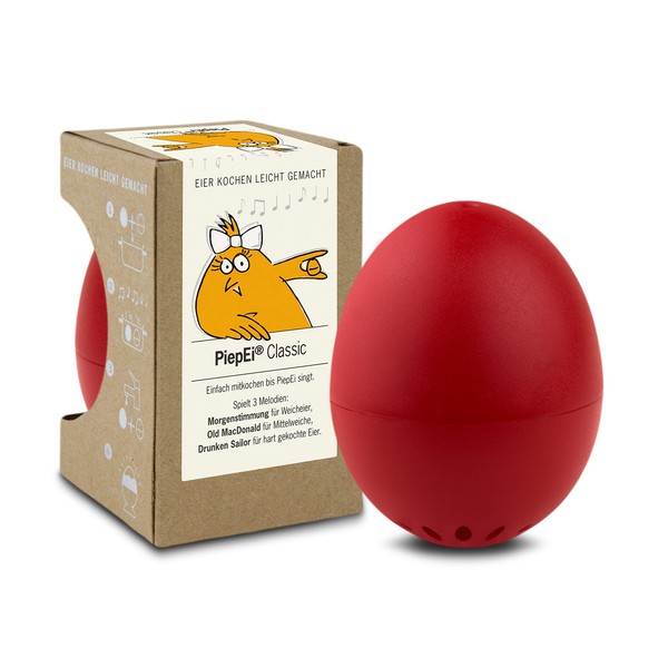 PiepEi Classic Red - Singing Egg Timer for Cooking with - Egg Cooker for 3 Hardness Levels - Beep Egg with 3 Melodies - Funny Cooking Egg - Music Egg Timer - Brainstream