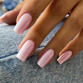 24pcs Transparent Pink Press On Nails - Glossy Clear Aurora Pink False Nails - Acrylic Short Square Fake Nails with Glue - Full Cover Glossy Sitck on nails for Women Nail Art Decoration