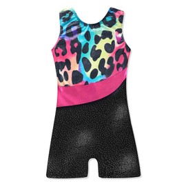 XiaoMoSha Gymnastics Leotards for Girls Sleeveless Dance Unitards Ribbon Sparkle Leotard Gymnastics Athletic for Little Girls(Leopard, 6-7 Years)
