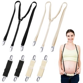 Jiuguva 6 Pcs Women's Suspenders for Pants Under Clothes and Maternity Suspenders for Women Set 2 Pcs Y Back Style Undergarment Suspenders and 4 Pcs Adjustable Elastic Belly Suspenders, Black Beige