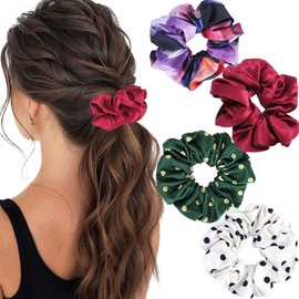 Bouory Satin Hair Scrunchies Tie Dye Elastic Hair Ties Ponytail Holders Hair Accessories for Women and Girls 4PCS (Type A), red, green, white, purple