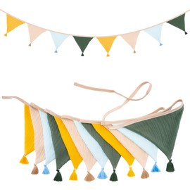G2PLUS Fabric Bunting Banner with Tassel, 12PCS Double Sided Cotton Bunitng, 2.8m Fabric Triangle Garland, Yellow Beige and Green Baby Bunting for Nursery/Baby Shower/Brithday/Bedroom Decoration