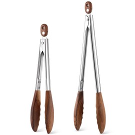 Baderke 2 Pcs Kitchen Tongs for Cooking Wooden Utensil Set Salad Tongs with Wood Tips for Serving Salad Flipping Burgers Grilling and Much More (11.4 Inch and 14.6 Inch,Walnut Wooden)