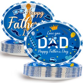Qyeahkj 50 PCS Father's Day Oval Paper Plates Large 11” Disposable Happy Father's Day Party Decorations Love You Dad Supplies Favor for Fathers Day Papa Daddy's Grilling Gifts Party Tableware Set
