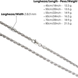 Aka Gioielli® - Cord Chain 3 mm 925 Sterling Silver Rhodium-Plated - Silver Chain Men's Women's Necklace Lengths: 45 50 55 60 70 80 cm, Sterling Silver, No Gemstone
