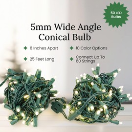 Pro Christmas LED Holiday Lights - 50 Bulbs, 25ft - Professional Grade Indoor Outdoor 5MM Wide Angle Conical Christmas Light Strings for Decorating Home and Outside Trees - Multi Color
