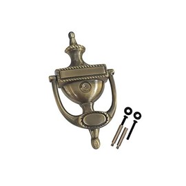QCAA Solid Brass Door Knocker, Victorian Rope Type, 7-3/8", with 160 Degree Glass Len Door Viewer (UL Listed), Antique Brass, 1 Pack, Made in Taiwan