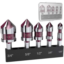 5PCS Countersink Drill Bit Set, 82° 5-Flute HSS with 1/4" Hex Shank, Titanium Aluminum Nitride Coated, Sizes 1/4” to 3/4”, Fits for Metals, Wood, Plastic, Quick Change, Includes Storage Case