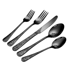 Floral 40 Pcs Black Silverware Set for 8, Food Grade Stainless Steel Flatware Set with Rose Flower Embossed Design, Eating Utensils Sets Include Fork/Knife/Spoon, Reusable Cutlery Set, Dishwasher Safe