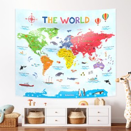 DECOWALL TP-009 World Map Tapestry Tapestry for Kids Wall Hanging for Bedroom Living Room Art Home Decoration Polyester 150 x 130 cm (60 x 50 Inch)