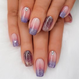 Glitter Ombre Press on Nails Short Square Fake Nails Purple French Acrylic Nails Press ons with Designs Rhinestones False Nails Full Cover Glossy Stick on Nails for Women 24Pcs