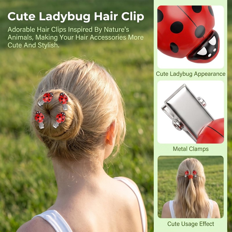 24Pcs Red Ladybug Hair Clips, Fun Mini Animal Bug Hair