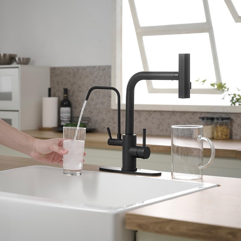 Black Kitchen Faucets with Water Filter and Pull Down Sprayer,Waterfall