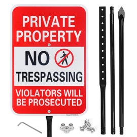 Large Private Property No Trespassing Sign with 54" Heavy Duty Metal Thick Stake, Violators Will Be Prosecuted, 17" x 12" .040 Aluminum Sign - Reflective, UV Protected and Weatherproof