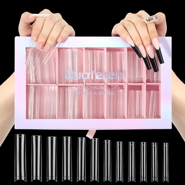 Quaferen 504Pcs Clear No C Curve Nail Tips for Acrylic Nails Professional, XXXL Extra Long Tapered Square Straight Acrylic Nail Tips, Half Cover No Crease Nail Extension Tips False Nails for Nail Art
