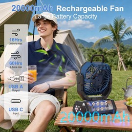 Honesorn 20000mAh Rechargeable Camping Fan with LED Light Remote, Navy Blue | Up to 60H Runtime, 45°/90°Oscillating, Hanging Hook, 4 Speeds, 8H Timer,