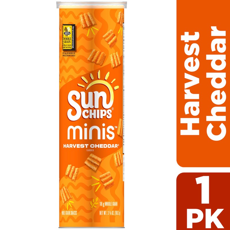 SunChips Minis, Harvest Cheddar Whole Grain Chips, 3.75 oz Canister