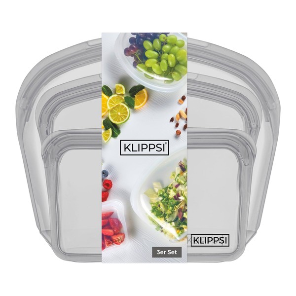 KLIPPSI® 3er Set Wiederverwendbare Silikonbeutel Gefrierbeutel Aufbewahrungsbeutel reißfest, hitze-kältebeständig, auslaufsicher,