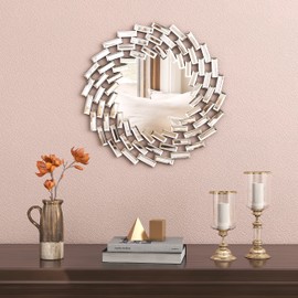 18" Decorative Wall Mirror Living Room Modern Round Mirrors for Wall Decor Silver Circle Accents Mirror Hanging for Bathroom Bedroom Fireplace