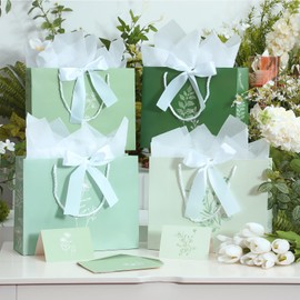 MotiMind 12 Sets 13" Large Gift Bags, Paper Gift Bags with Handles, Ribbon, Greeting Cards, and Tissue for Easter Birthday Wedding Mother’s Day Party Supplies(White,Leaf)
