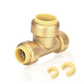 HeSun 1-Pack Pushfit Tee, 1/2"x1/2"x3/4" Push to Connect Plumbing Fittings with Disconnect Clips, Brass Push-fit Fittings for PEX, Copper, CPVC, PE-RT Pipes
