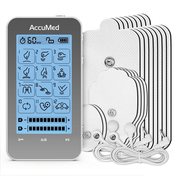 AccuMed TENS Unit Muscle Stimulator & Electronic Pulse Massager with 2 Channels - 12 Modes, Pain Management Device with 20 Intensities for Back, Neck, Acupuncture, 8 Extra Pads Included (AC-AP315)