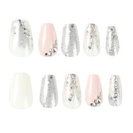Press on Nails Coffin Short False Nails with Silver Glitter Designs White Silver Full Cover Fake Nails Artificial Acrylic Nails Glossy Stick on Nails for Women 24 Pcs