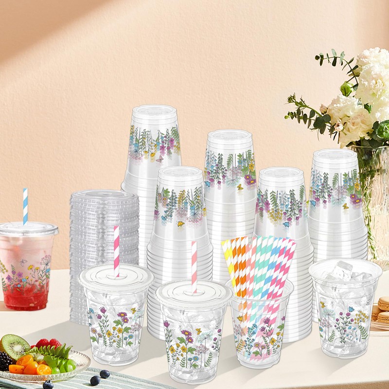 ZCPTZ 100 Sets Wildflower Plastic Cups with Straws & Lids