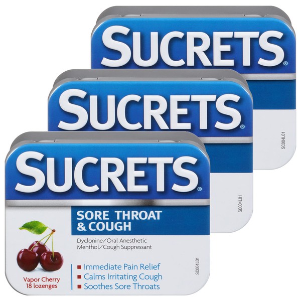 Sucrets Sore Throat & Cough Lozenges, Vapor Cherry Flavor, 18 Count (Pack of 3)