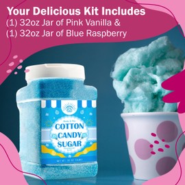 Cotton Candy Floss Sugar Package of 2ct-(Pink Vanilla and Blue Raspberry)-2lb Each Flavor- (2ct-2lb Jars)