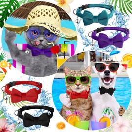 4 Pieces Cat Bow Tie Collar with Bell Breakaway Cat Comfortable Velvet with Cute Safety Pet Collar for Pet Kitten Puppy(Small,Black, Red, Purple, Blue)